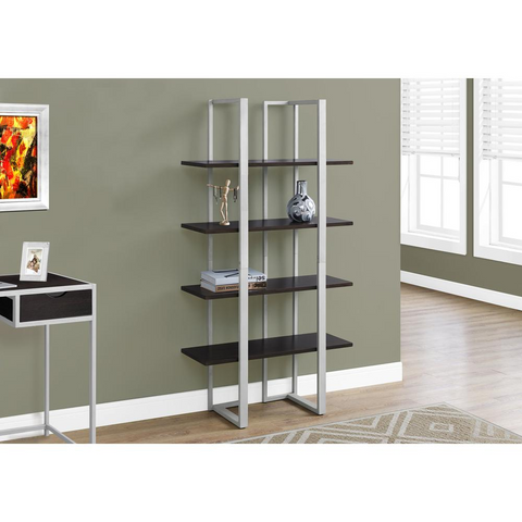 4 SHELF BOOKCASE - 60"H / CAPPUCCINO / SILVER METAL - WhatYouNeedSales