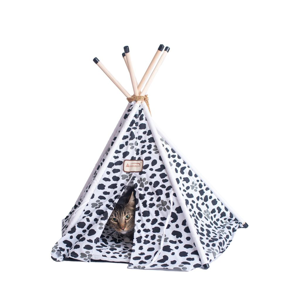 Armarkat Cat Bed Model C46, Teepee Style, White with Black Paw Print - Comfortable and Stylish Cat Bed Tent