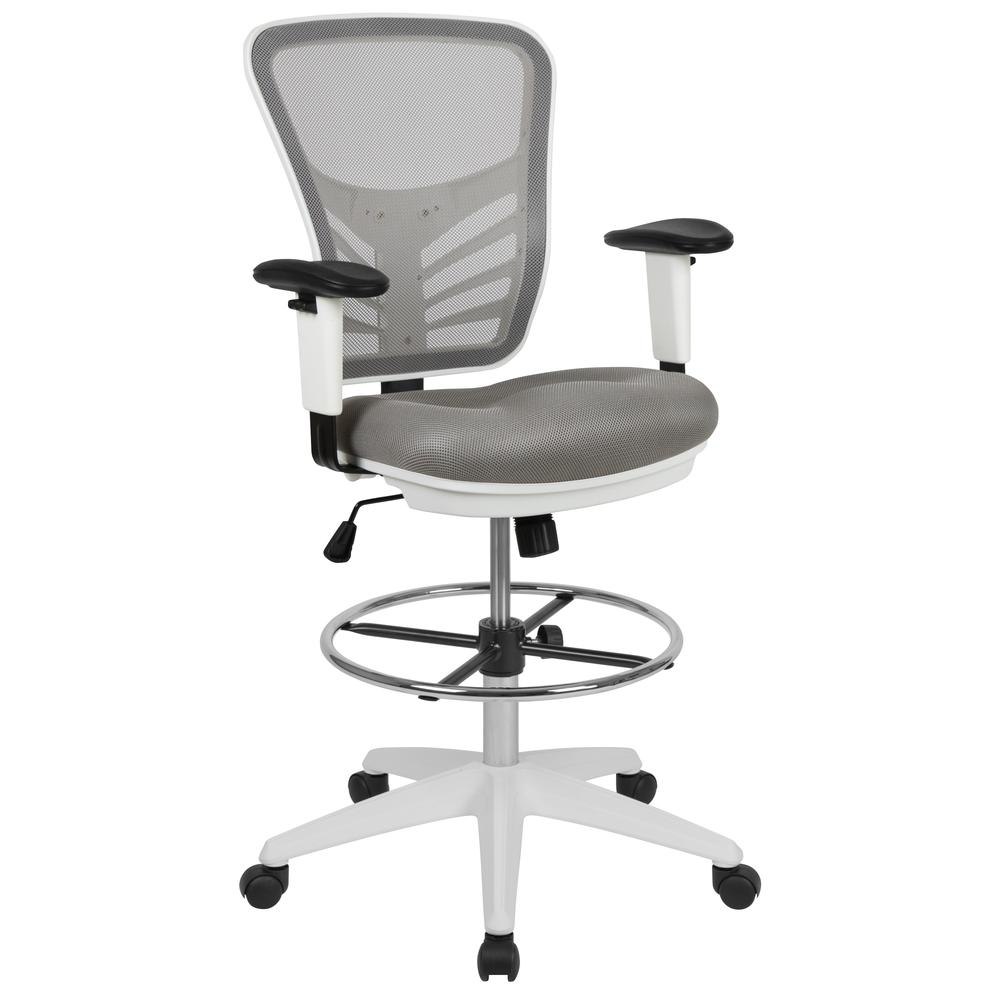 Mid-Back Light Gray Mesh Ergonomic Drafting Chair with Adjustable Chrome Foot Ring and Arms