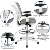 Mid-Back Light Gray Mesh Ergonomic Drafting Chair with Adjustable Chrome Foot Ring and Arms