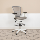 Mid-Back Light Gray Mesh Ergonomic Drafting Chair with Adjustable Chrome Foot Ring and Arms