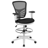 Mid-Back Black Mesh Ergonomic Drafting Chair with Adjustable Chrome Foot Ring, Adjustable Arms and White Frame