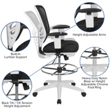 Mid-Back Black Mesh Ergonomic Drafting Chair with Adjustable Chrome Foot Ring, Adjustable Arms and White Frame