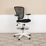 Mid-Back Black Mesh Ergonomic Drafting Chair with Adjustable Chrome Foot Ring, Adjustable Arms and White Frame