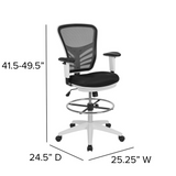 Mid-Back Black Mesh Ergonomic Drafting Chair with Adjustable Chrome Foot Ring, Adjustable Arms and White Frame