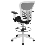 Mid-Back Black Mesh Ergonomic Drafting Chair with Adjustable Chrome Foot Ring, Adjustable Arms and White Frame