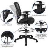 Mid-Back Black Mesh Ergonomic Drafting Chair with Adjustable Chrome Foot Ring, Adjustable Arms and Black Frame