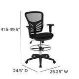 Mid-Back Black Mesh Ergonomic Drafting Chair with Adjustable Chrome Foot Ring, Adjustable Arms and Black Frame