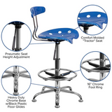 Vibrant Bright Blue and Chrome Drafting Stool with Tractor Seat