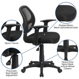 Mid-Back Black Mesh Swivel Ergonomic Task Office Chair with T-Arms - BIFMA Certified