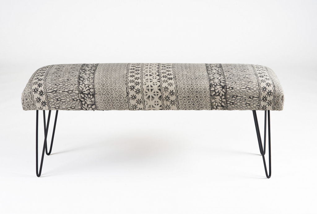 "47"" Charcoal Gray and White Black Leg Abstract Floral Upholstered Bench" - WhatYouNeedSales