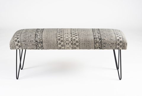 "47"" Charcoal Gray and White Black Leg Abstract Floral Upholstered Bench" - WhatYouNeedSales