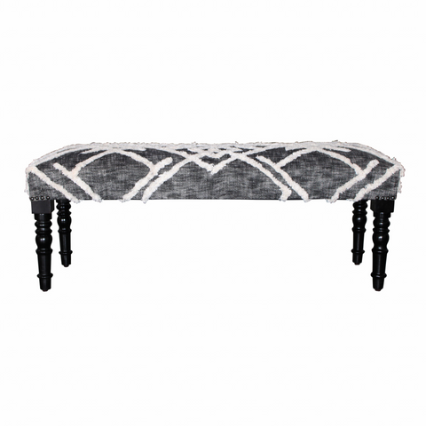 "47"" Gray And White Geometric Cotton Upholstered Distressed Bench" - WhatYouNeedSales