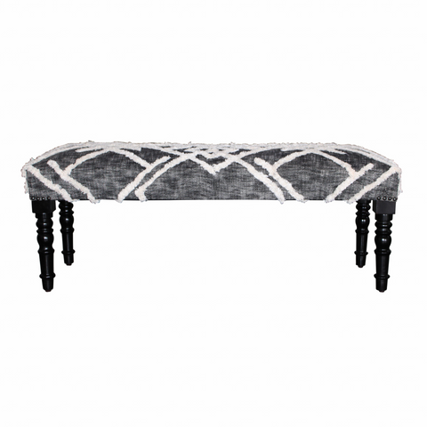 "47"" Gray And White Geometric Cotton Upholstered Distressed Bench" - WhatYouNeedSales