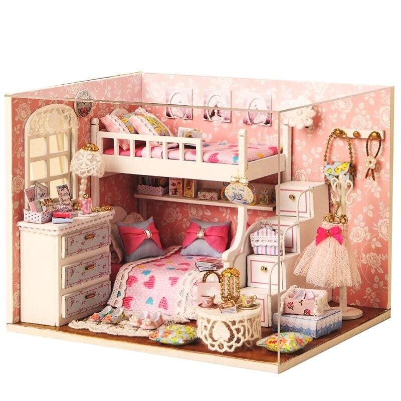 BUNK BED GIRLS MINIATURE DOLLHOUSE - Pink Dollhouse with Bunk Beds and Accessories