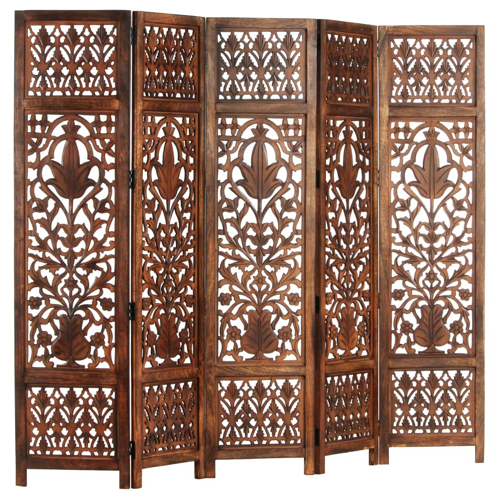 vidaXL Hand Carved 5-Panel Room Divider Brown 78.7"x65" Solid Mango Wood