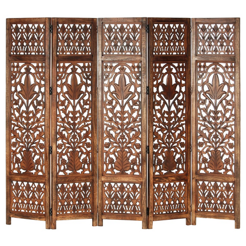 vidaXL Hand Carved 5-Panel Room Divider Brown 78.7"x65" Solid Mango Wood