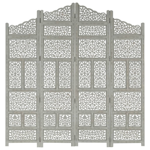 vidaXL Hand Carved 4-Panel Room Divider Gray 63"x65" Solid Mango Wood