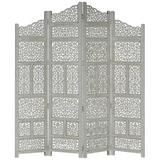 vidaXL Hand Carved 4-Panel Room Divider Gray 63"x65" Solid Mango Wood