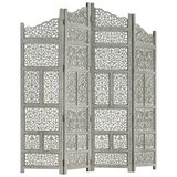 vidaXL Hand Carved 4-Panel Room Divider Gray 63"x65" Solid Mango Wood