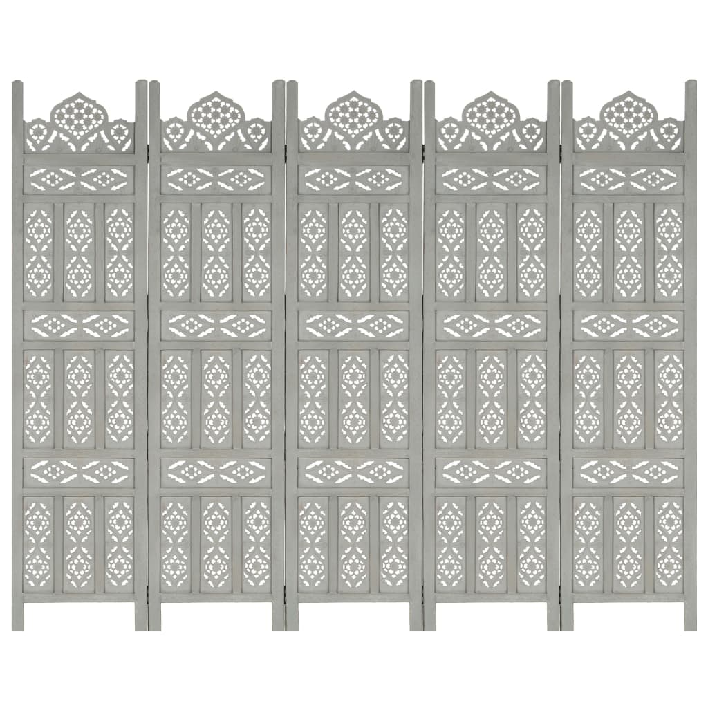 vidaXL Hand Carved 5-Panel Room Divider Gray 78.7"x65" Solid Mango Wood - Elegant and Functional Home Interior Accent