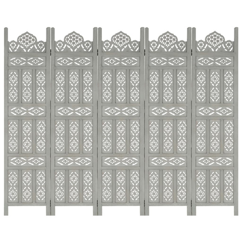 vidaXL Hand Carved 5-Panel Room Divider Gray 78.7"x65" Solid Mango Wood - Elegant and Functional Home Interior Accent