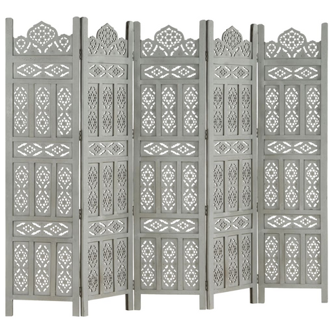 vidaXL Hand Carved 5-Panel Room Divider Gray 78.7"x65" Solid Mango Wood - Elegant and Functional Home Interior Accent