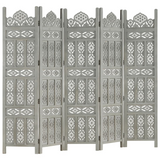 vidaXL Hand Carved 5-Panel Room Divider Gray 78.7"x65" Solid Mango Wood - Elegant and Functional Home Interior Accent