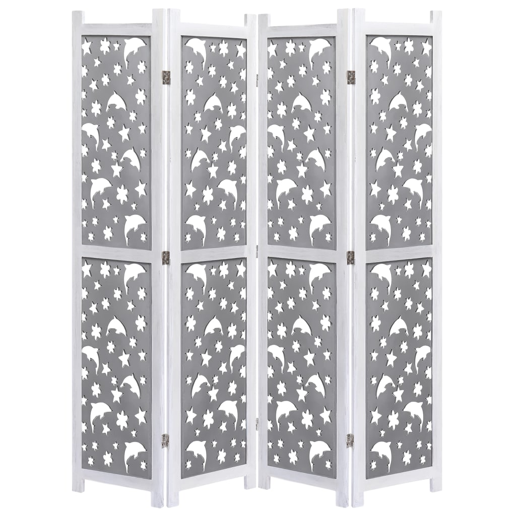 vidaXL 4-Panel Room Divider Gray 55.1"x65" Solid Wood | Decorative Partition Screen