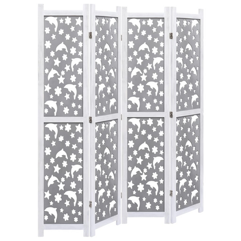 vidaXL 4-Panel Room Divider Gray 55.1"x65" Solid Wood | Decorative Partition Screen