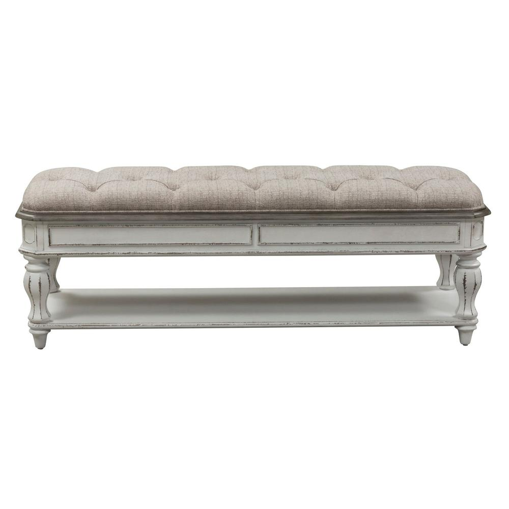 Magnolia Manor Bed Bench, White | W54 x D18 x H20 | Upholstered, Bottom Shelf, Weight Limit: 250-300 Pounds