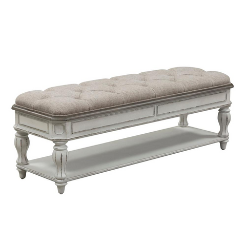 Magnolia Manor Bed Bench, White | W54 x D18 x H20 | Upholstered, Bottom Shelf, Weight Limit: 250-300 Pounds