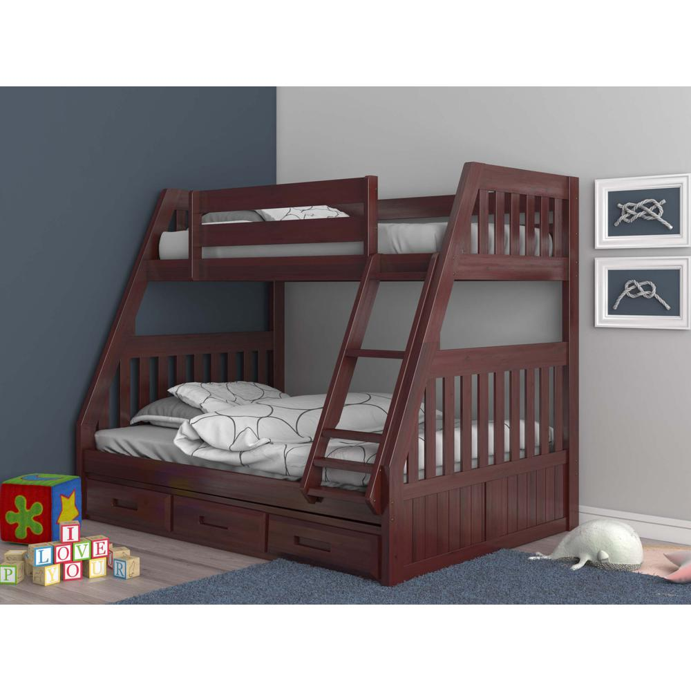 Mission Twin over Full Bunk Bed with Three Drawers - Solid Wood Construction, Merlot Finish