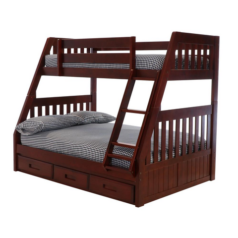 Mission Twin over Full Bunk Bed with Three Drawers - Solid Wood Construction, Merlot Finish