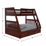 Mission Twin over Full Bunk Bed with Three Drawers - Solid Wood Construction, Merlot Finish