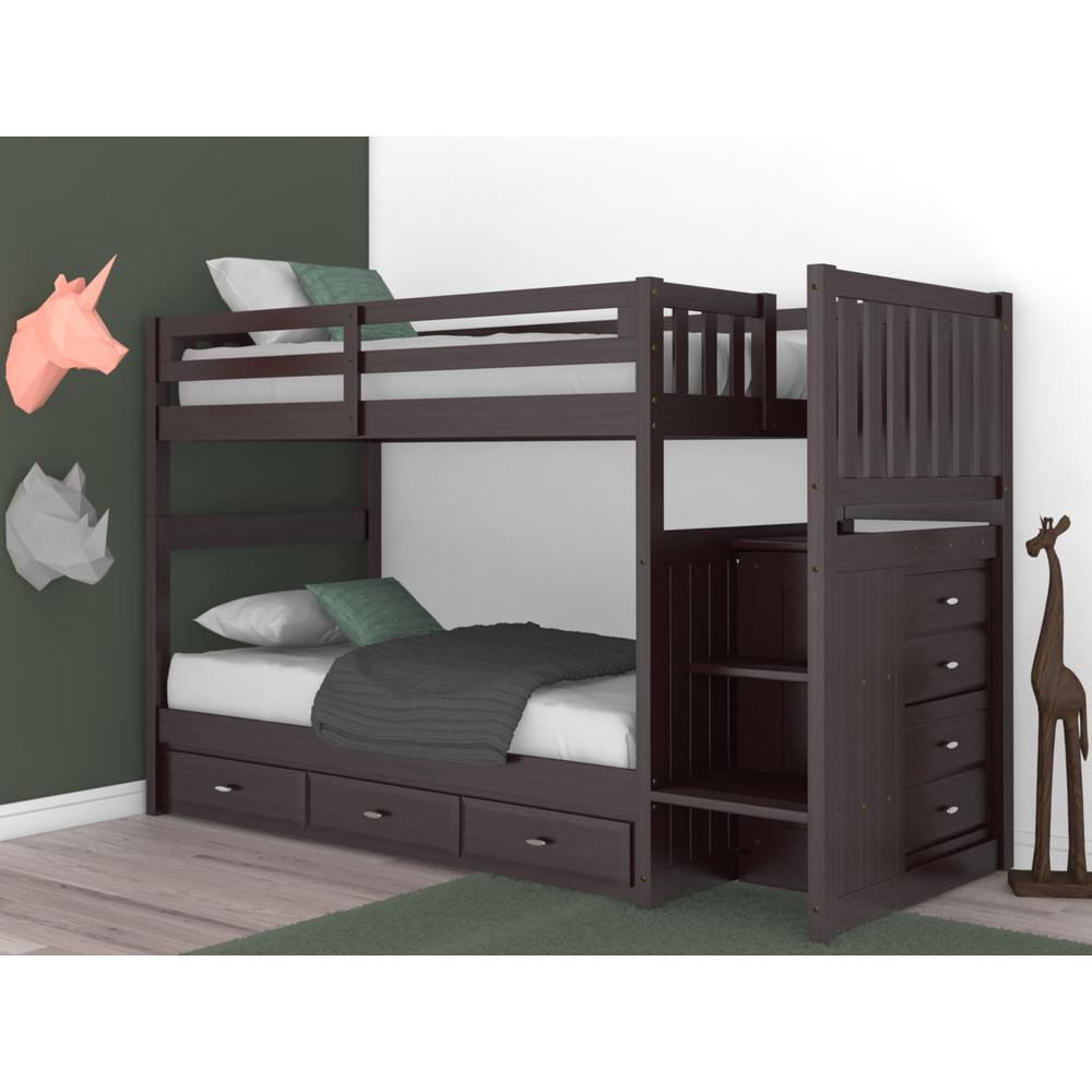 Mission Staircase Twin over Twin Bunk Bed with Seven Drawers