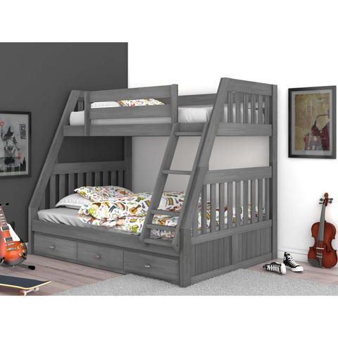 Solid Pine Twin/Full Bunk Bed with Three Drawers - Charcoal Grey