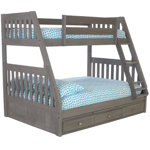 Solid Pine Twin/Full Bunk Bed with Three Drawers - Charcoal Grey