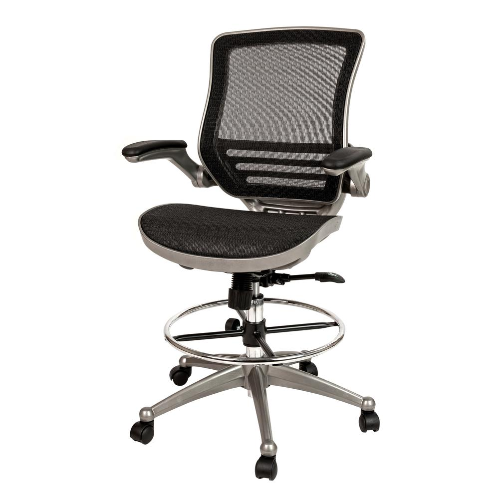 Mid-Back Transparent Black Mesh Drafting Chair with Flip-Up Arms