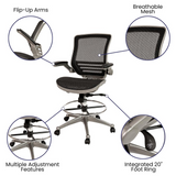 Mid-Back Transparent Black Mesh Drafting Chair with Flip-Up Arms