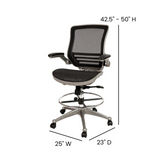 Mid-Back Transparent Black Mesh Drafting Chair with Flip-Up Arms