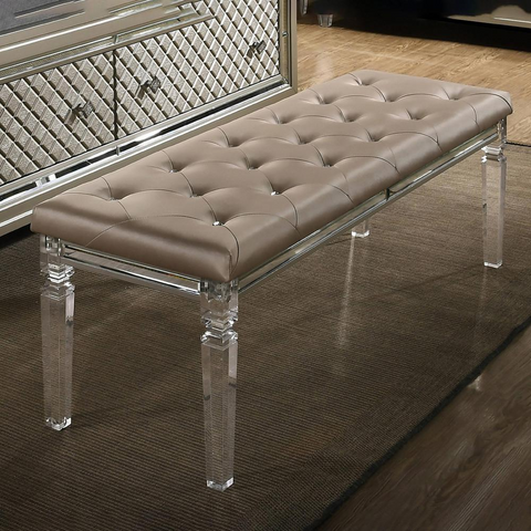 Faux Leather Bench with Tufted Buttons and Acrylic Legs - WhatYouNeedSales