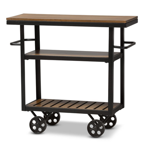 Antique Black Textured Finished Metal Distressed Wood Mobile Serving Cart - WhatYouNeedSales