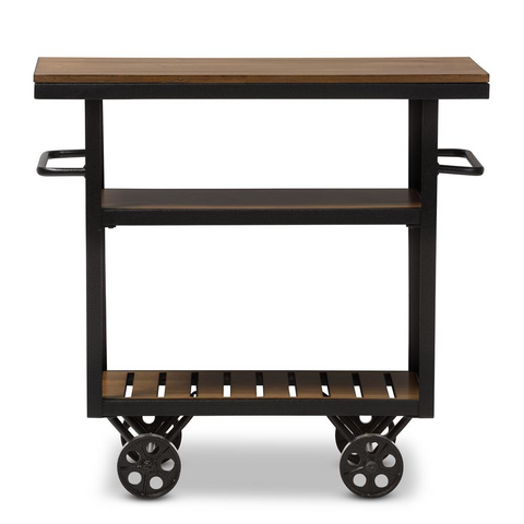 Antique Black Textured Finished Metal Distressed Wood Mobile Serving Cart - WhatYouNeedSales