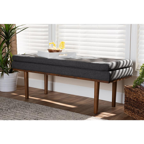 Arne Mid-Century Modern Dark Grey Fabric Upholstered Walnut Finished Bench - WhatYouNeedSales