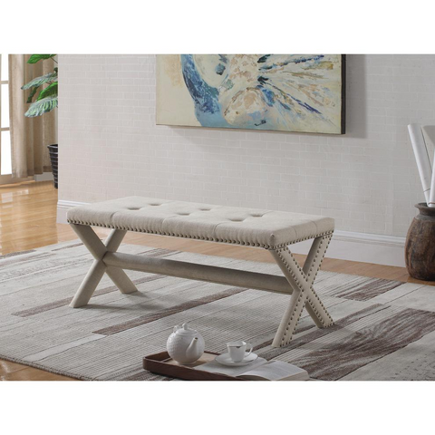 Best Master Fabric Upholstered Rectangular Accent Bench in Natural/Nail Heads - WhatYouNeedSales