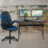 Black Gaming Desk and Blue and Black Racing Chair Set with Cup Holder, Headphone Hook & 2 Wire Management Holes - WhatYouNeedSales