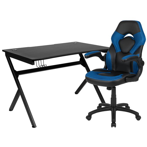 Black Gaming Desk and Blue and Black Racing Chair Set with Cup Holder, Headphone Hook & 2 Wire Management Holes - WhatYouNeedSales