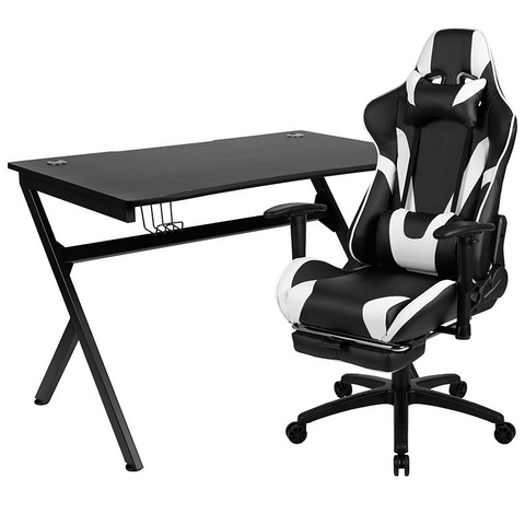 Black Gaming Desk and Black Footrest Reclining Gaming Chair Set with Cup Holder, Headphone Hook & 2 Wire Management Holes - WhatYouNeedSales