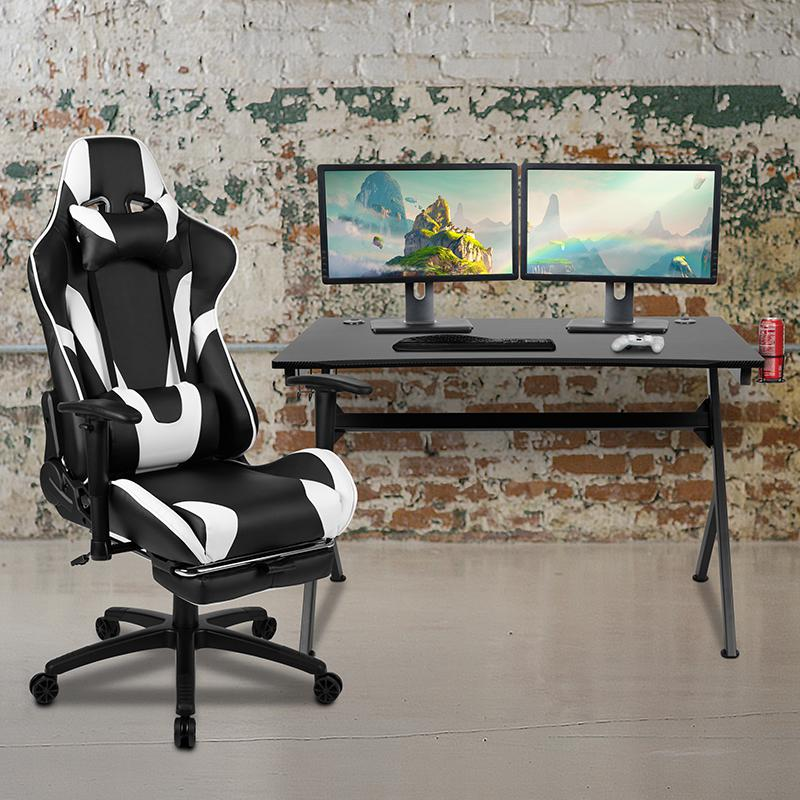 Black Gaming Desk and Black Footrest Reclining Gaming Chair Set with Cup Holder, Headphone Hook & 2 Wire Management Holes - WhatYouNeedSales